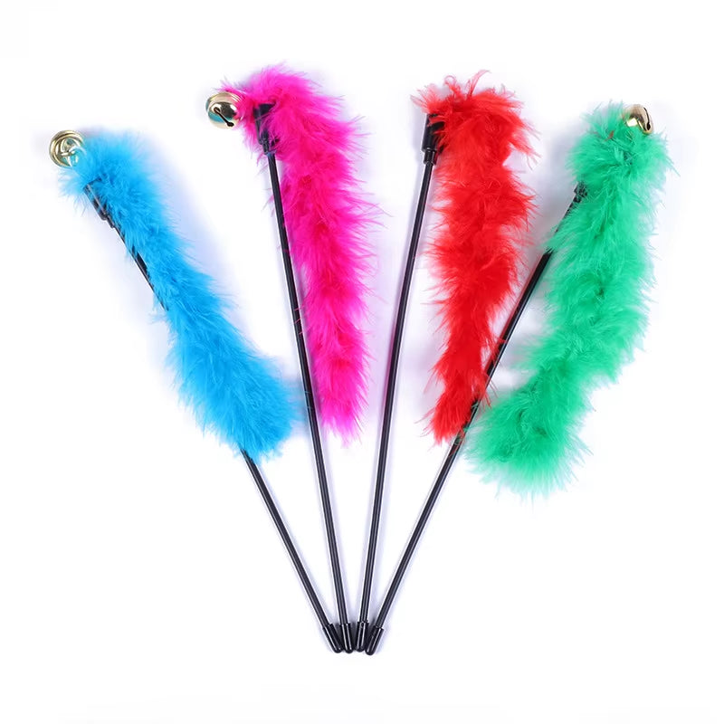 5Pcs Funny Kitten Cat Teaser Interactive Toy Rod with Bell and Feather Toys for Pet Cats Stick Wire Chaser Wand Toy Random Color