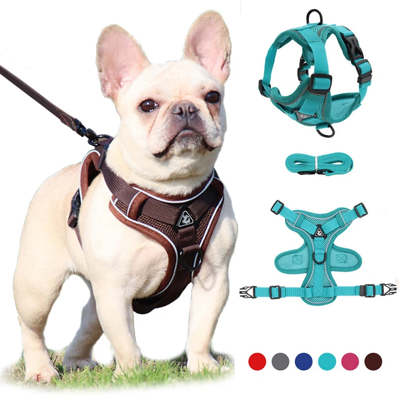 No Pull Dog Harness and Leash Set Adjustable Pet Harness Vest for Small Dogs Cats Reflective Mesh Dog Chest Strap French Bulldog