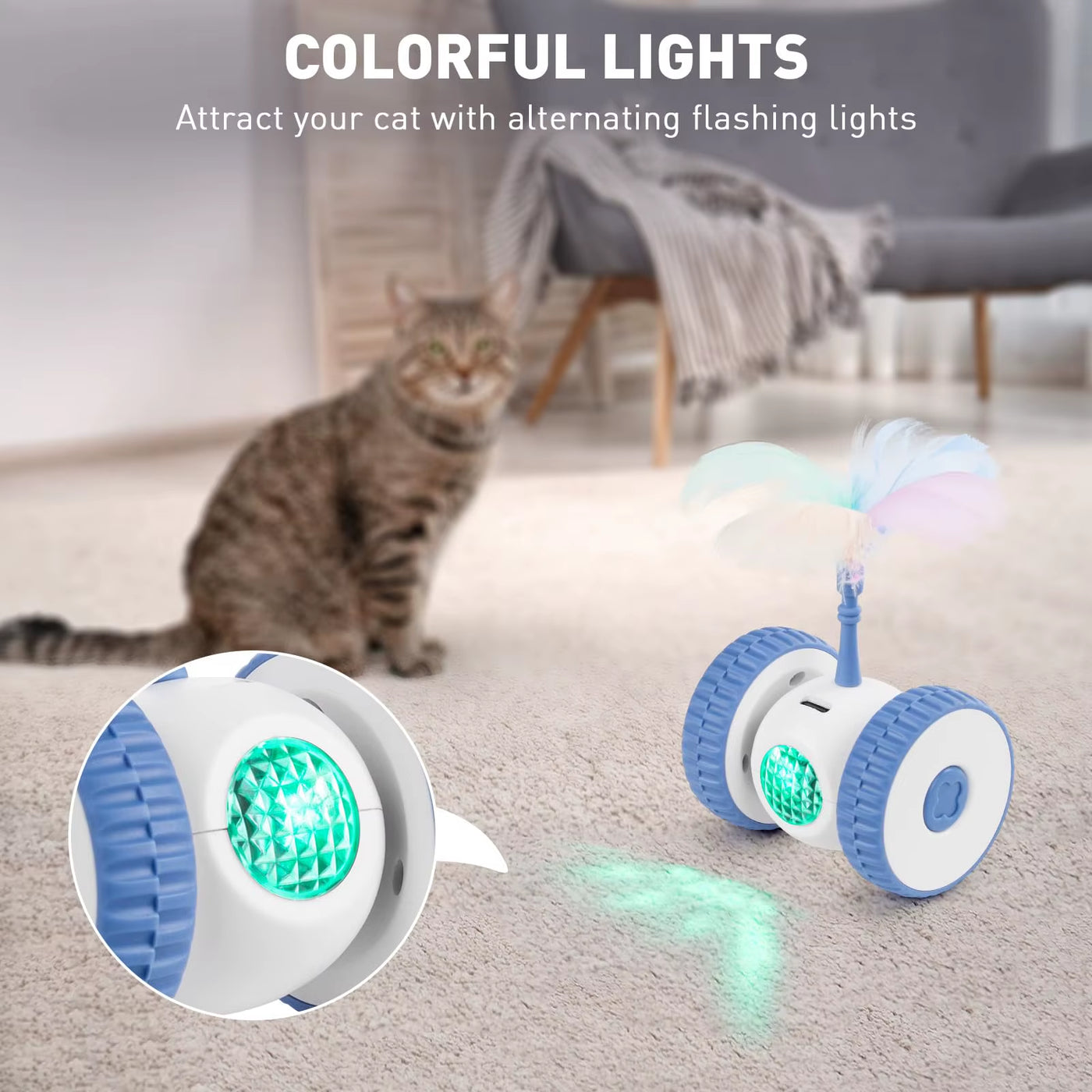 Interactive Cat Toys, Smart Sensing Automatic Cat Toy with Color Light and Feathers Wand, USB Rechargeable Cat Toys for Indoor