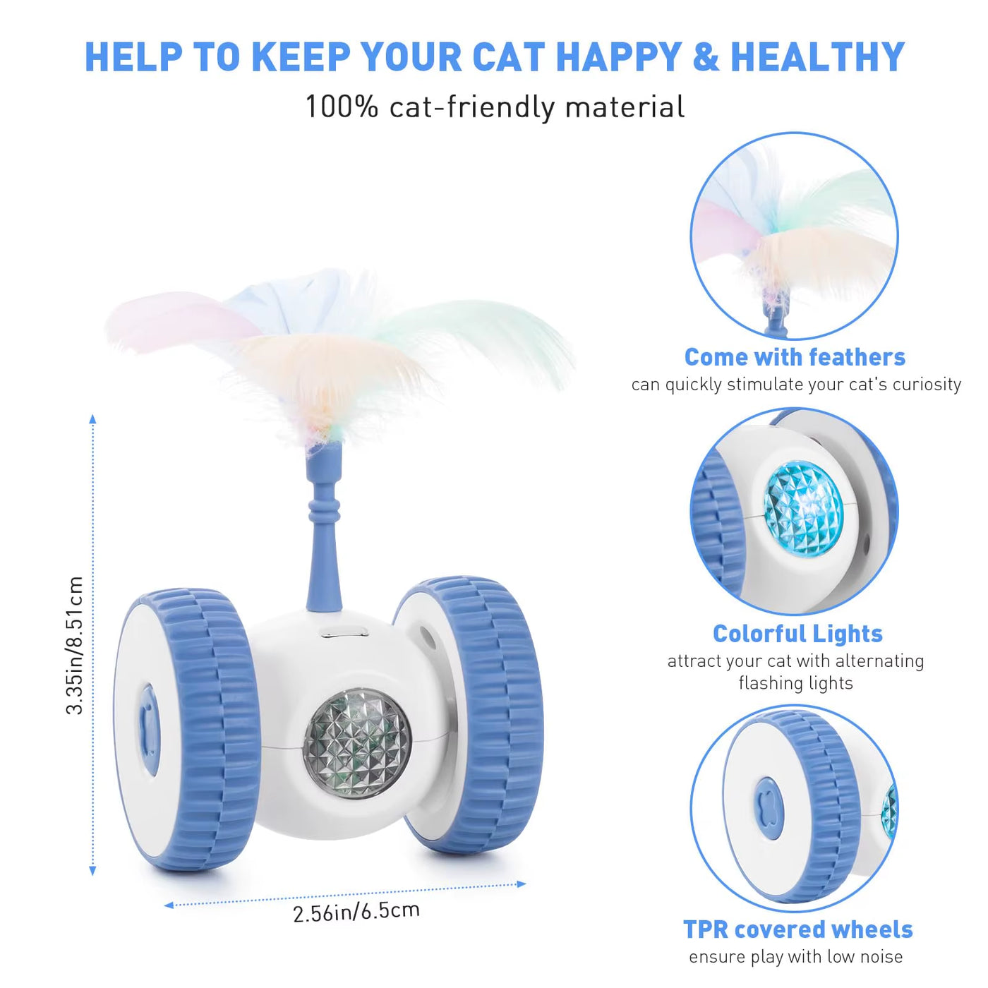 Interactive Cat Toys, Smart Sensing Automatic Cat Toy with Color Light and Feathers Wand, USB Rechargeable Cat Toys for Indoor