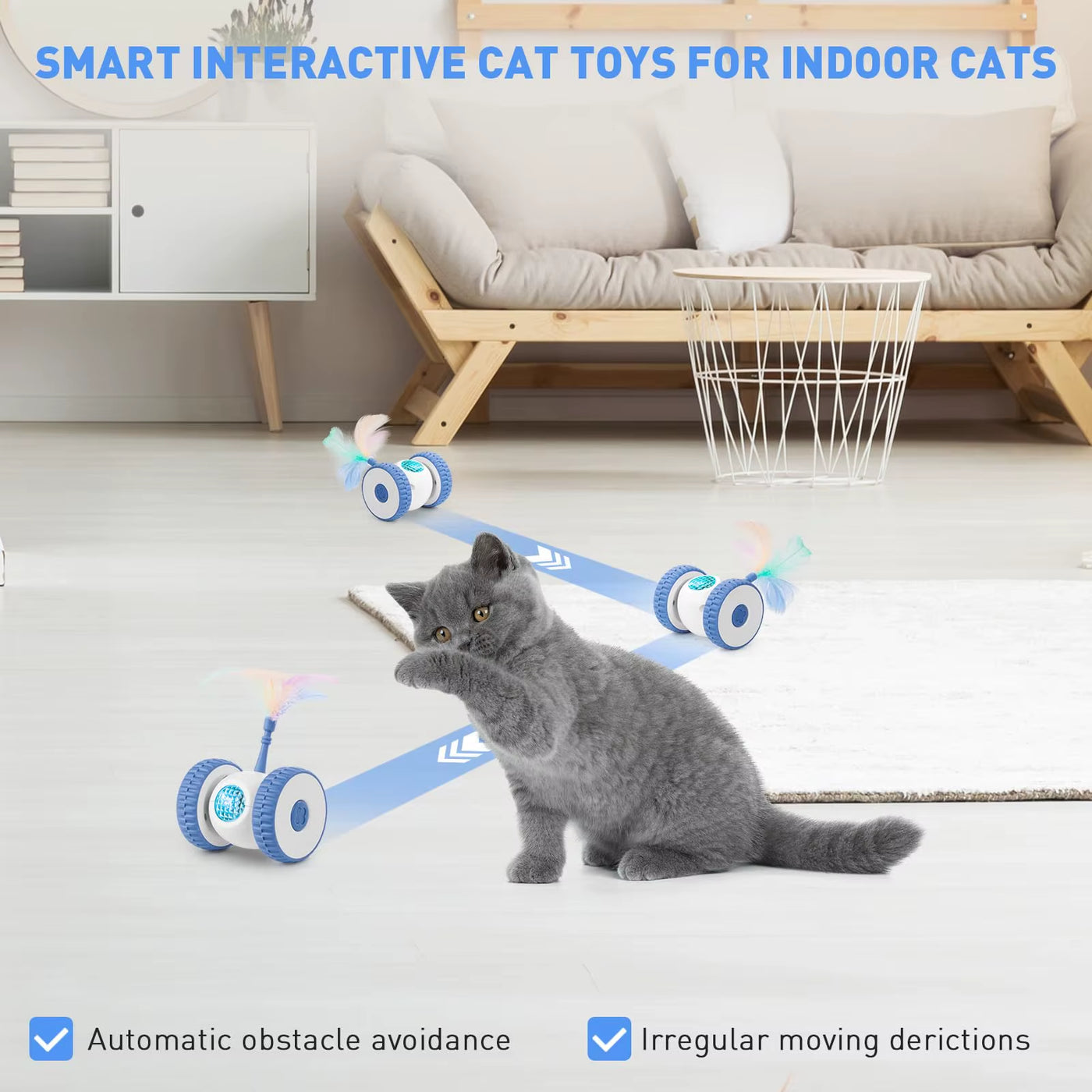 Interactive Cat Toys, Smart Sensing Automatic Cat Toy with Color Light and Feathers Wand, USB Rechargeable Cat Toys for Indoor