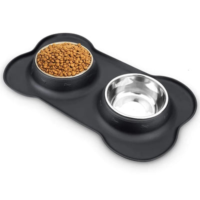 Antislip Double Bowl with Silicone Mat Durable Stainless Steel Water Food Feeder 