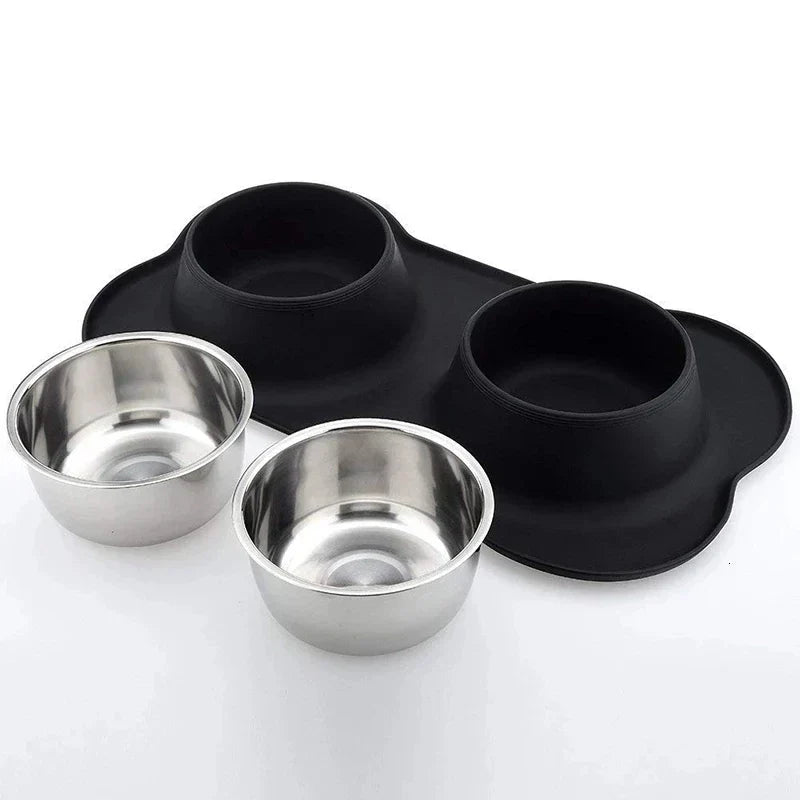 Antislip Double Bowl with Silicone Mat Durable Stainless Steel Water Food Feeder 