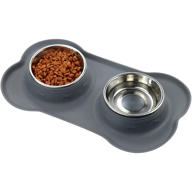 Antislip Double Bowl with Silicone Mat Durable Stainless Steel Water Food Feeder 