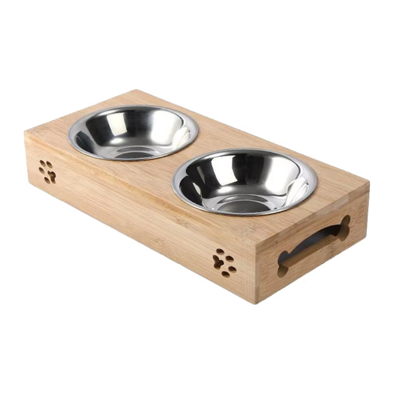 KX4B Elevated Dog Bowl Bamboo Feeder Dog Dishes with 2 Stainless Steel Bowls Help the Stomach Digest the Gift for Pet D